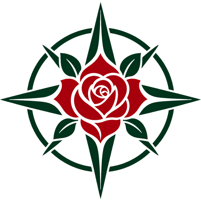 Compass Rose logo: a red rose at the center of a green compass star